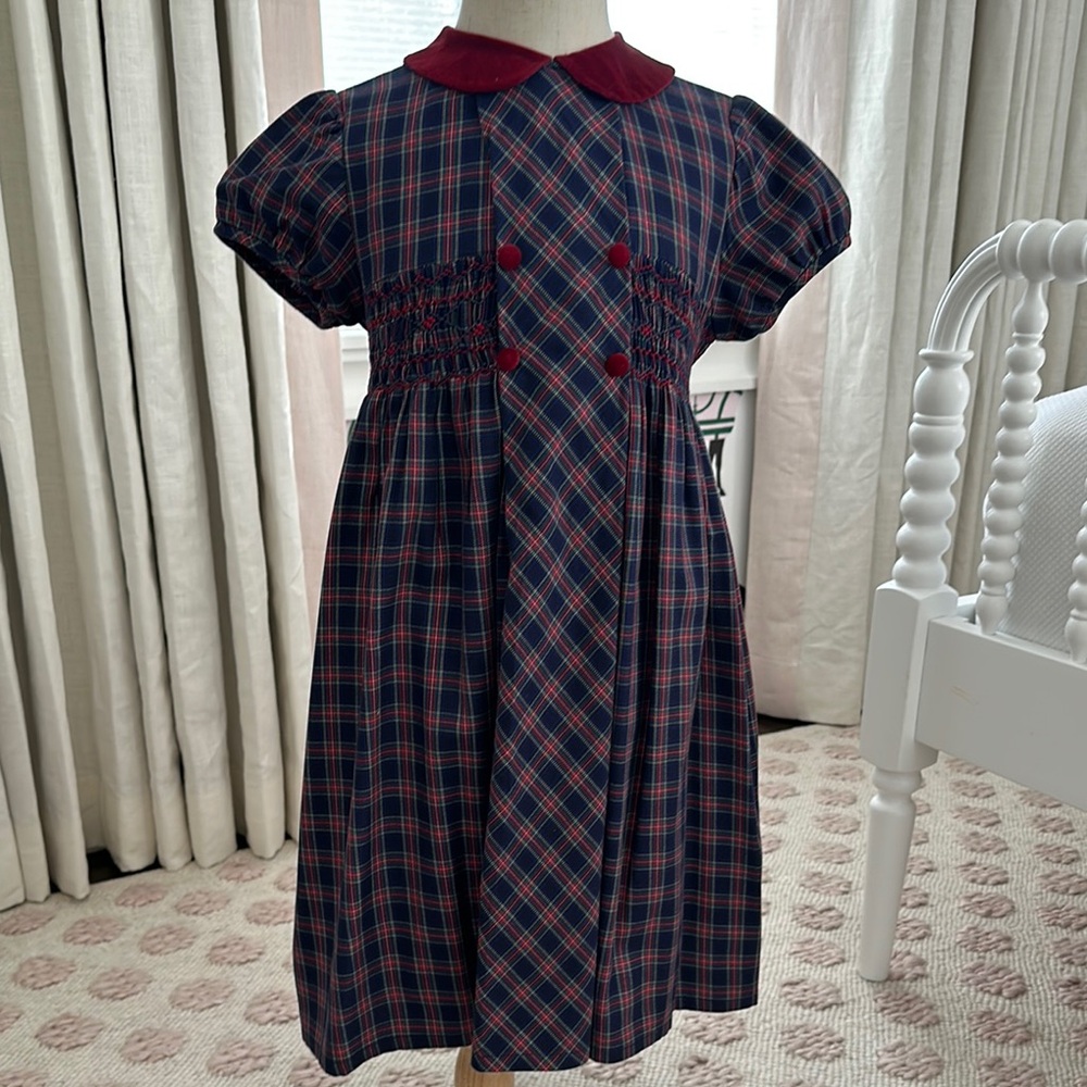 Plaid Holiday Dress with Burgundy Collar